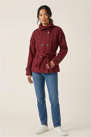 Dik Yaka Kemerli Kaban-Bordo BORDO