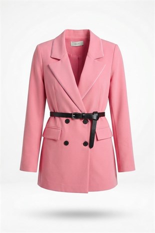 Düğmeli Kemer Detay Vatkalı Blazer Ceket- Pembe PEMBE