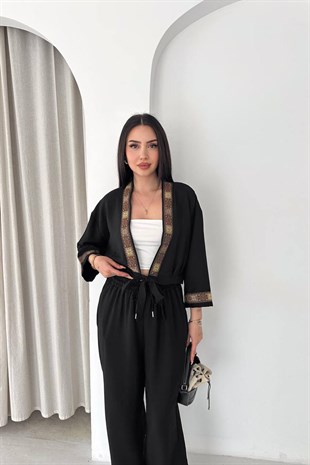 Etnik Desen Şeritli Takım SİYAH