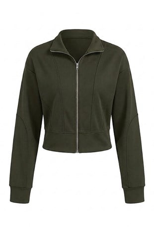 FERMUARLI DİK YAKA SWEAT HAKİ