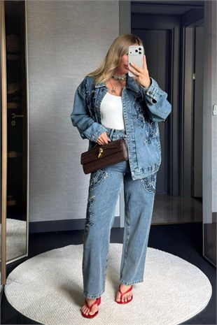 Floral Patchlı Denım Takım - Mavi MAVİ