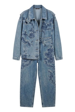 Floral Patchlı Denım Takım - Mavi MAVİ