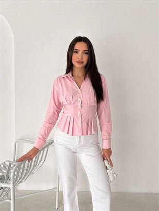 Gold Düğmeli Pensli Gömlek- Pembe PEMBE