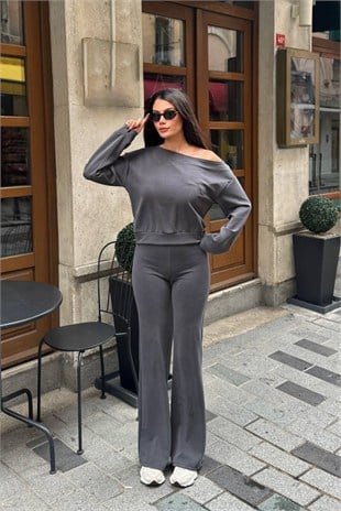 Gri - Modal Kumaş Düşük Omuz Takım GRİ