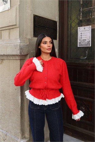 Güpür Detay Bağcıklı Hırka-Kırmızı KIRMIZI