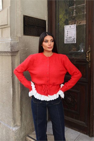 Güpür Detay Bağcıklı Hırka-Kırmızı KIRMIZI