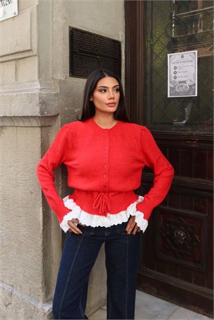 Güpür Detay Bağcıklı Hırka-Kırmızı KIRMIZI