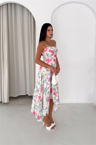 İp Askılı Çiçekli Asimetrik Elbise PEMBE