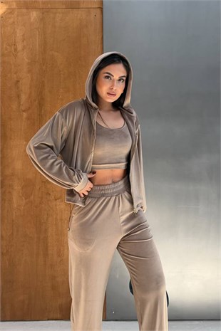 Kadife Crop Üçlü Hırka Takım-Latte LATTE