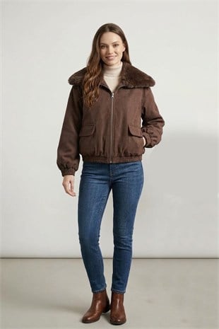 Kahve-Gabardin Kumaş Yakası Kürklü Ceket KAHVE