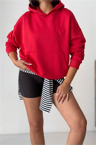 Kalp Kabartmalı Kapüşonlu Sweat - Kırmızı KIRMIZI