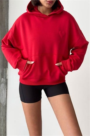 Kalp Kabartmalı Kapüşonlu Sweat - Kırmızı KIRMIZI