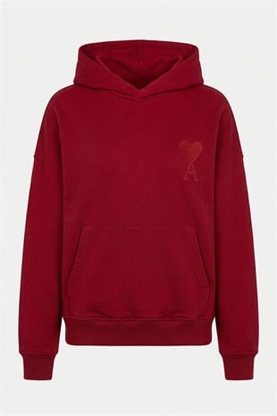 Kalp Kabartmalı Kapüşonlu Sweat - Kırmızı KIRMIZI