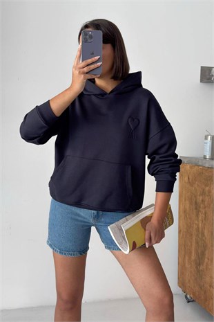 Kalp Kabartmalı Kapüşonlu Sweat - Lacivert LACİVERT