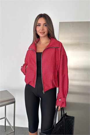 Kare Desen Fermuarlı Ceket-Kırmızı KIRMIZI