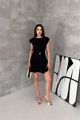Kendinden Kemerli Mini Elbise SİYAH