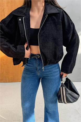 Kot Kadife Bomber Ceket-Siyah SİYAH