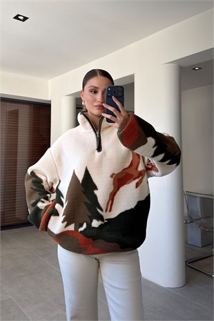 Koyu Yeşil - Yarım Fermuar Çam Ağaç Desenli Sweat KOYU YEŞİL