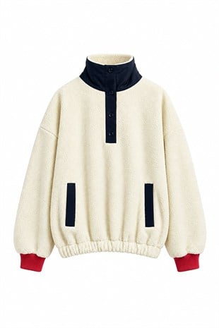 Krem - Sırt Ayıcık Baskılı Peluş Sweat KREM