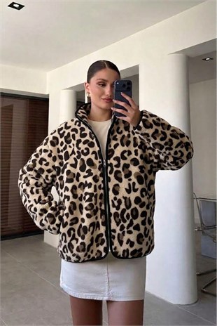 Leopar Desen Fermuarlı Ceket-Leopar LEOPAR
