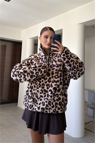 Leopar - Yarım Fermuar Leopar Desen Sweat LEOPAR