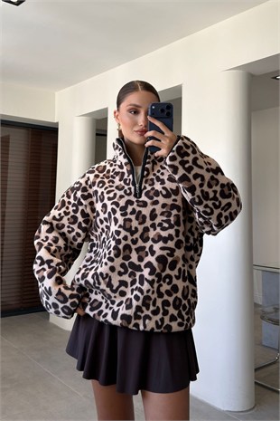 Leopar - Yarım Fermuar Leopar Desen Sweat LEOPAR