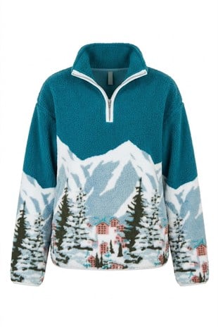 Mint - Yarım Fermuar Dağ Desenli Sweat MİNT
