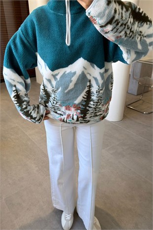 Mint - Yarım Fermuar Dağ Desenli Sweat MİNT