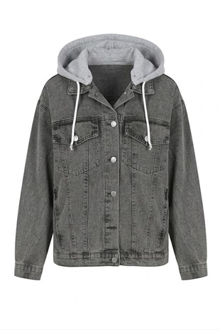 Oversize Kapuşonlu Kot Ceket-Siyah SİYAH