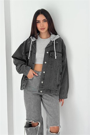 Oversize Kapuşonlu Kot Ceket-Siyah SİYAH