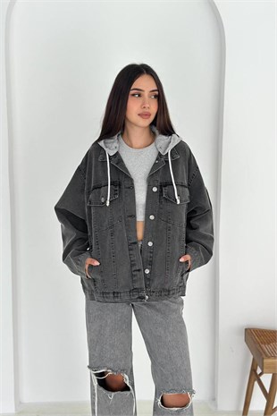 Oversize Kapuşonlu Kot Ceket-Siyah SİYAH
