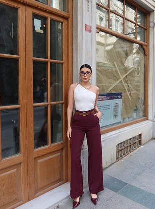 Paça Katlı Kemerli Palazzo Kumaş Pantolon- Mürdüm MÜRDÜM