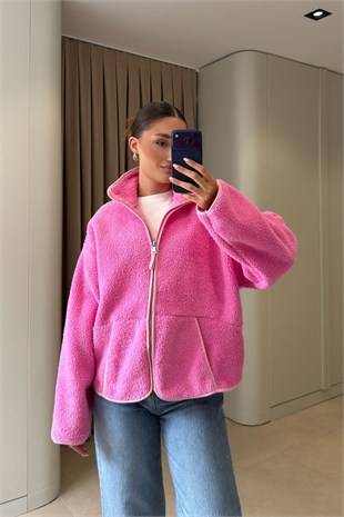 Pembe - Cep Detay Fermuarlı Ceket PEMBE