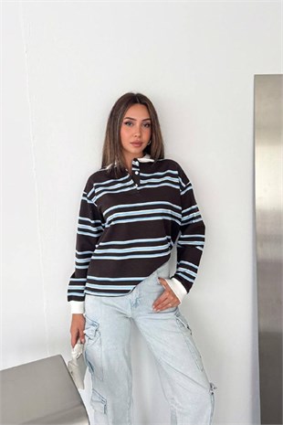 Polo Yaka Yan Çizgi Sweater-Kahve KAHVE