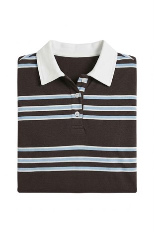 Polo Yaka Yan Çizgi Sweater-Kahve KAHVE