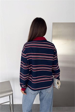 Polo Yaka Yan Çizgi Sweater-Lacivert LACİVERT