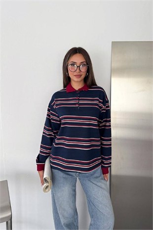 Polo Yaka Yan Çizgi Sweater-Lacivert LACİVERT