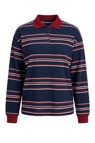 Polo Yaka Yan Çizgi Sweater-Lacivert LACİVERT