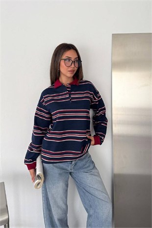Polo Yaka Yan Çizgi Sweater-Lacivert LACİVERT