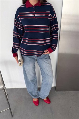 Polo Yaka Yan Çizgi Sweater-Lacivert LACİVERT
