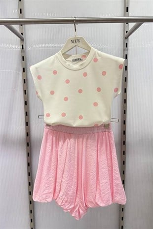 Sıfır Kol Puantiyeli Bisiklet Yaka T-shirt PEMBE