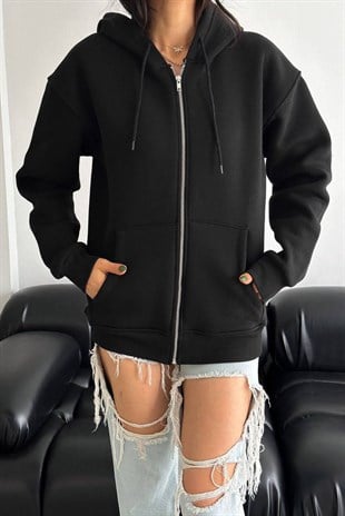 Silver Fermuar Detay Oversize Ceket - Siyah SİYAH