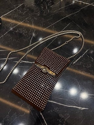Taş Detay Zincir Askılı Telefon Çantası-Bordo BORDO