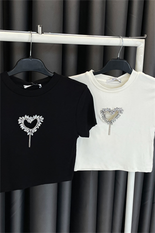Taş Kalp Dekolteli Crop T-shırt - Ekru EKRU