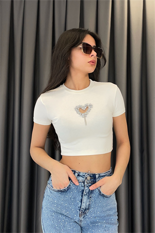 Taş Kalp Dekolteli Crop T-shırt - Ekru EKRU