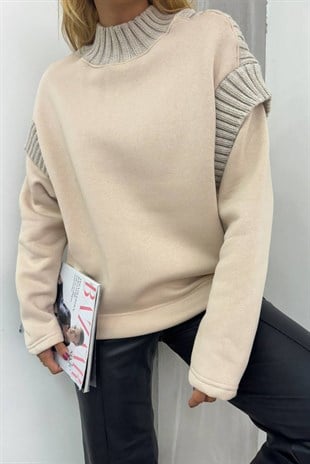 Triko Bantlı Üç İplik Sweat - Bej BEJ