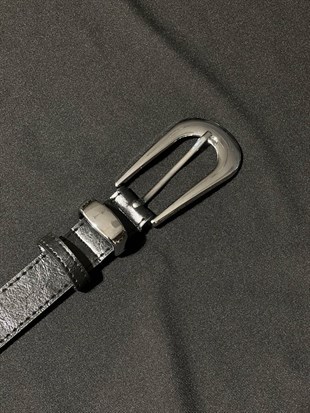 Uzun Oval Tokalı 2 cm Kemer-Siyah/Silver Siyah/Silver
