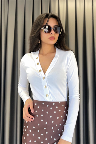 V Yaka Çıtçıtlı Hırka-Beyaz BEYAZ