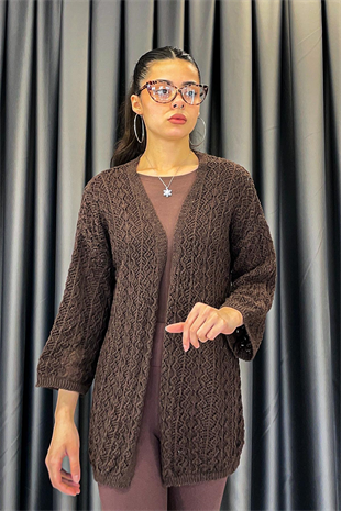 Zikzak Örgü Model Yarım Kol Hırka - Kahve KAHVE