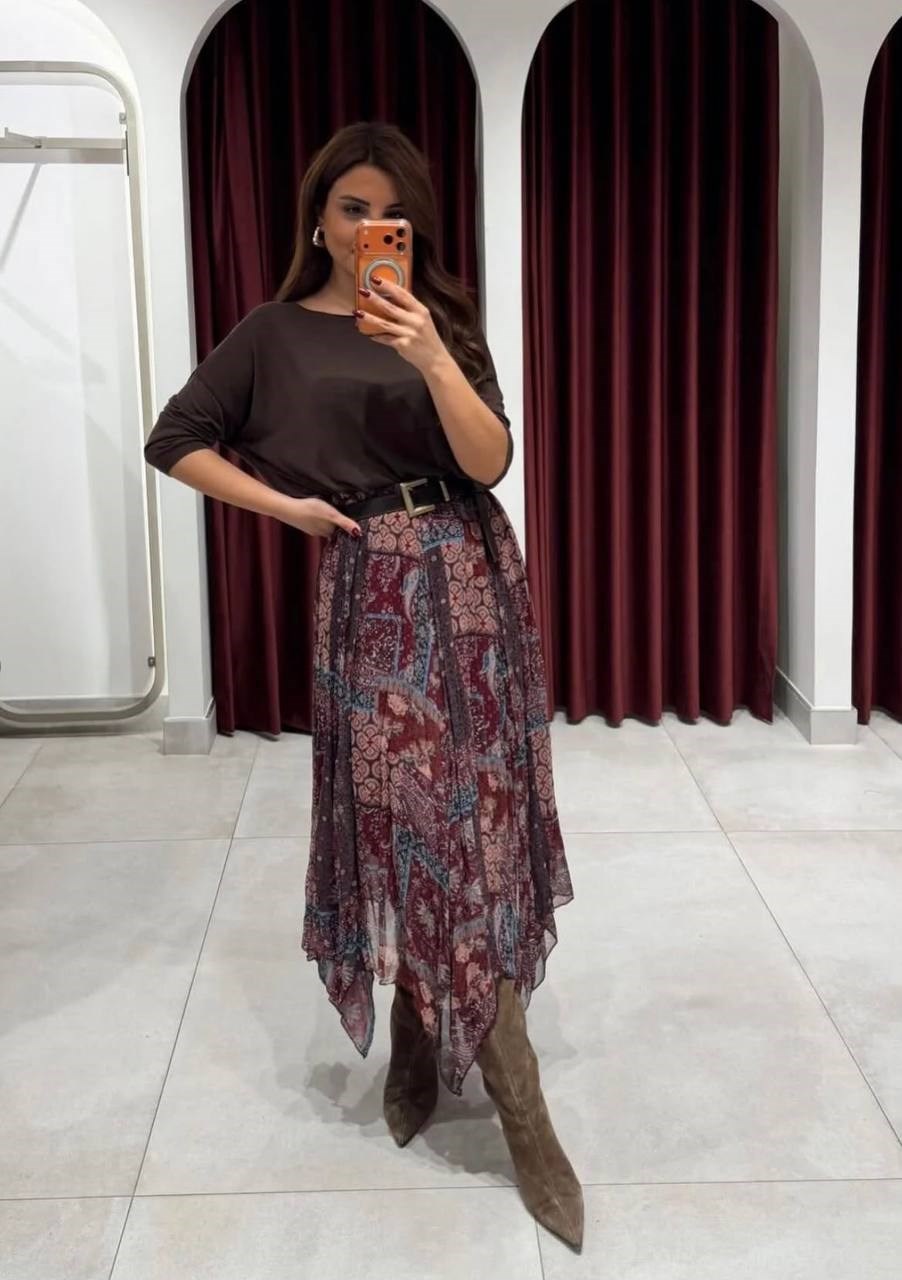 Asimetrik Kesim Etnik Desen Tül Etek - Bordo BORDO